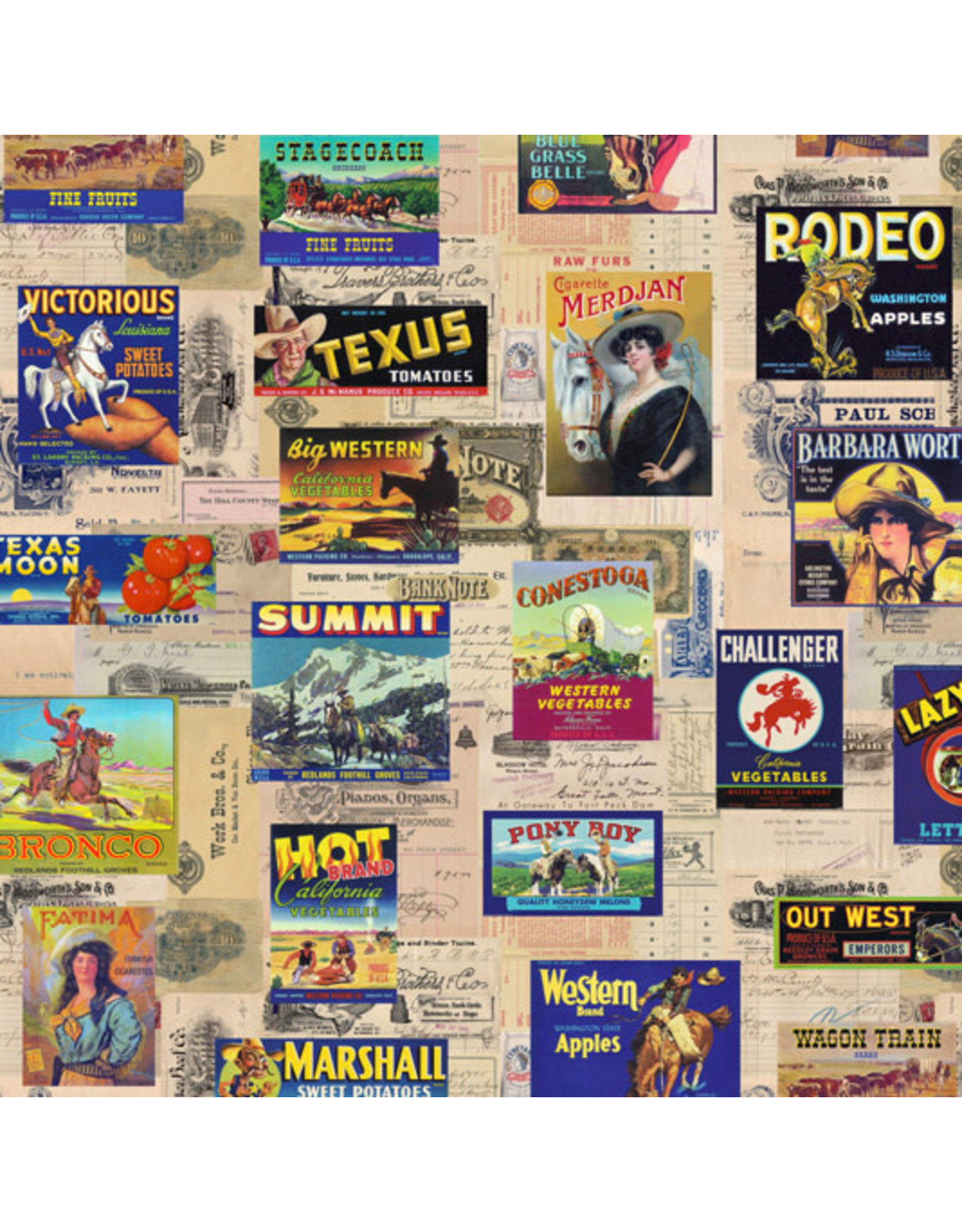 Moda Lipstick Cowgirl, Vintage Crate Labels in Multi, Fabric Half-Yards