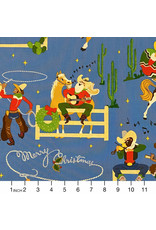 Alexander Henry Fabrics Christmas Time, Giddy-Up Santa in Blue , Fabric Half-Yards