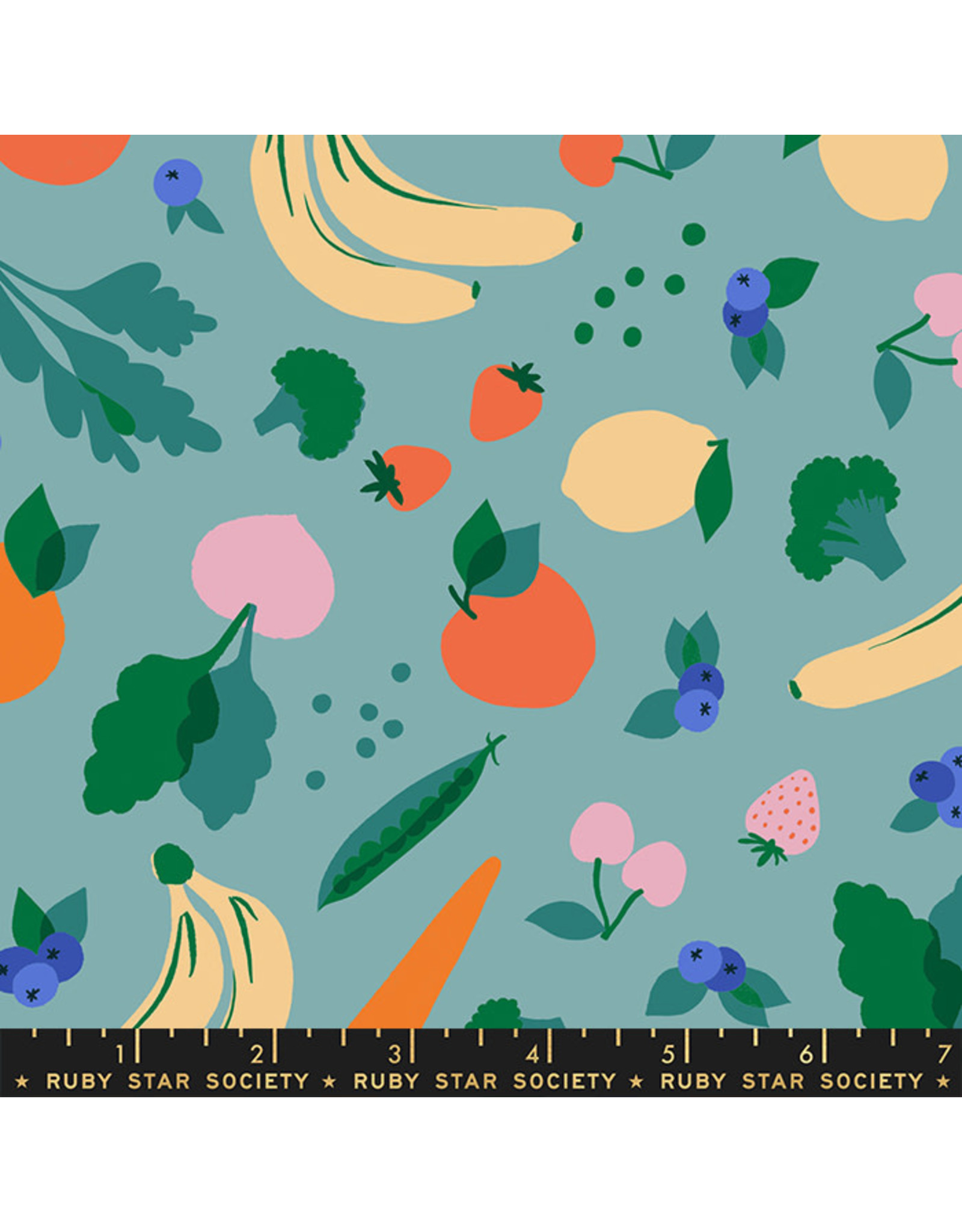 Ruby Star Society for Moda Food Group, Green Grocer in Ocean, Fabric Half-Yards