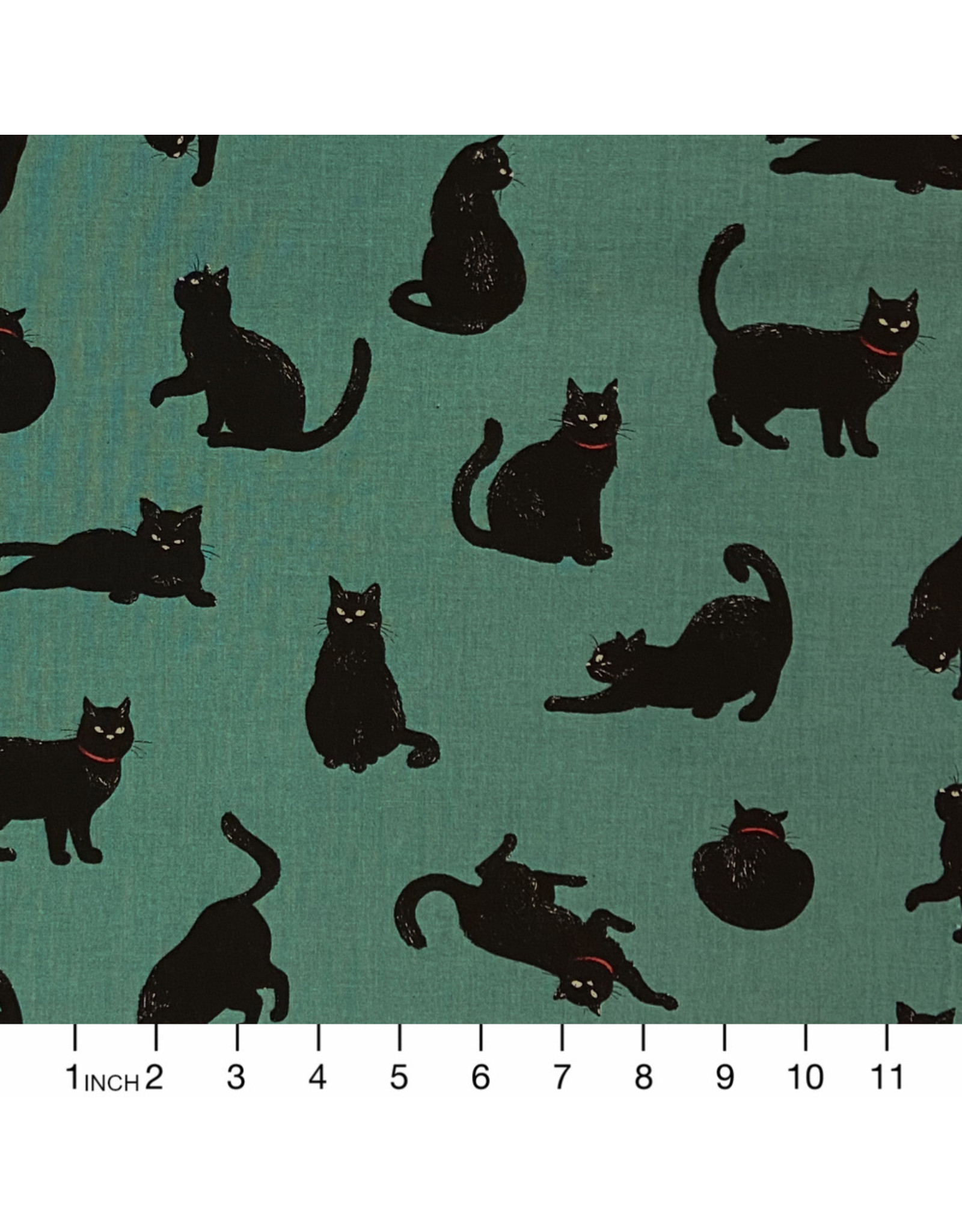 Cosmo, Japan Cosmo Japan, Black Cats on Green, Fabric Half-Yards