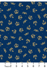 Lewis & Irene Jubilee, Gold Crowns on Dark Blue with Gold Metallic, Fabric Half-Yards
