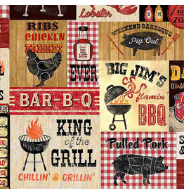 Timeless Treasures King of the Grill, Barbecue Sign Patch in Multi, Fabric Half-Yards