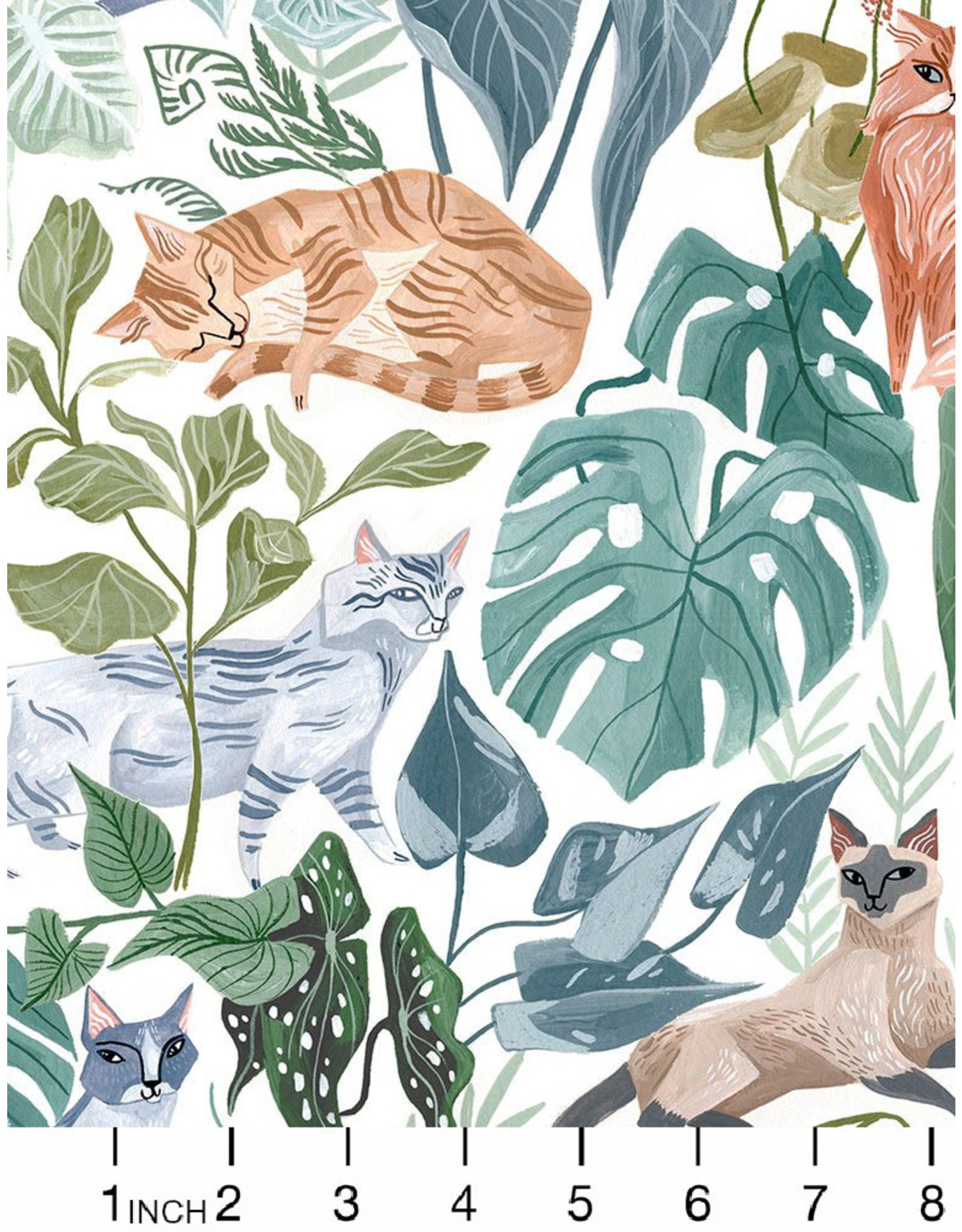 Rae Ritchie Fronds and Felines, Fronds and Felines in White, Fabric Half-Yards