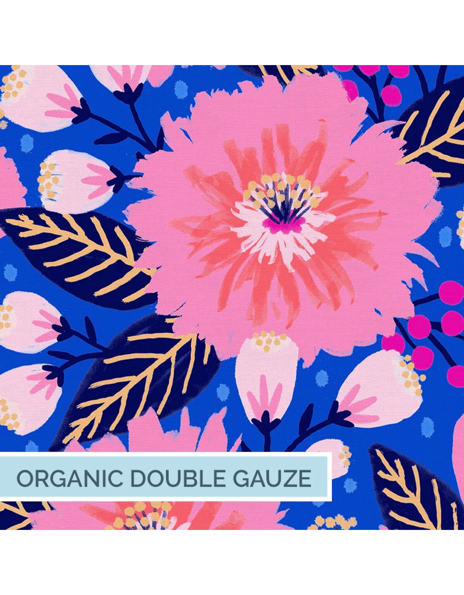 Paintbrush Studio Organic Double Gauze, Vibrant Blooms, Dalia Party in Dark, Fabric Half-Yards