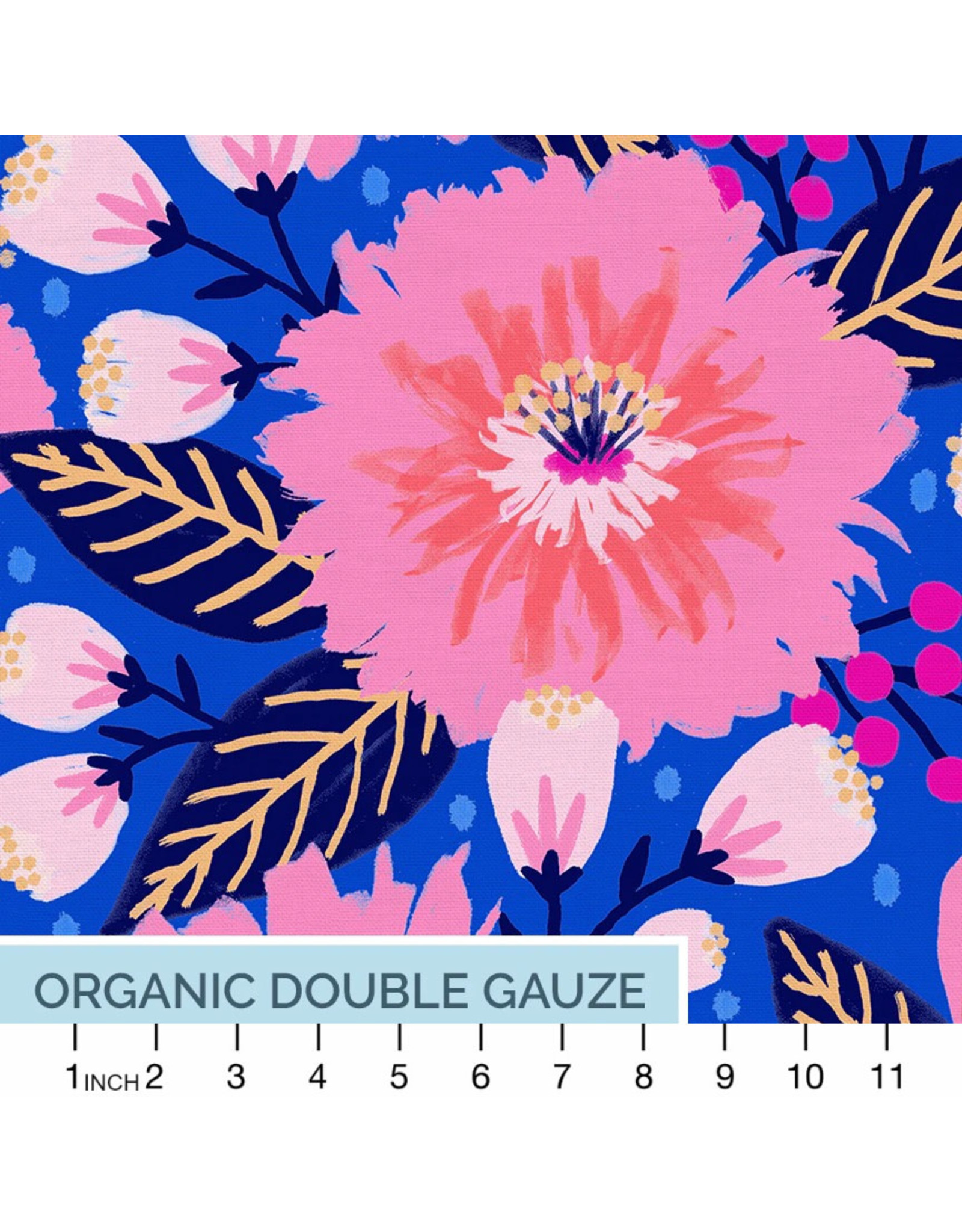 Paintbrush Studio Organic Double Gauze, Vibrant Blooms, Dalia Party in Dark, Fabric Half-Yards