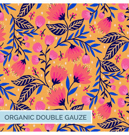 Paintbrush Studio Organic Double Gauze, Vibrant Blooms, Parlor in Gold Pink, Fabric Half-Yards