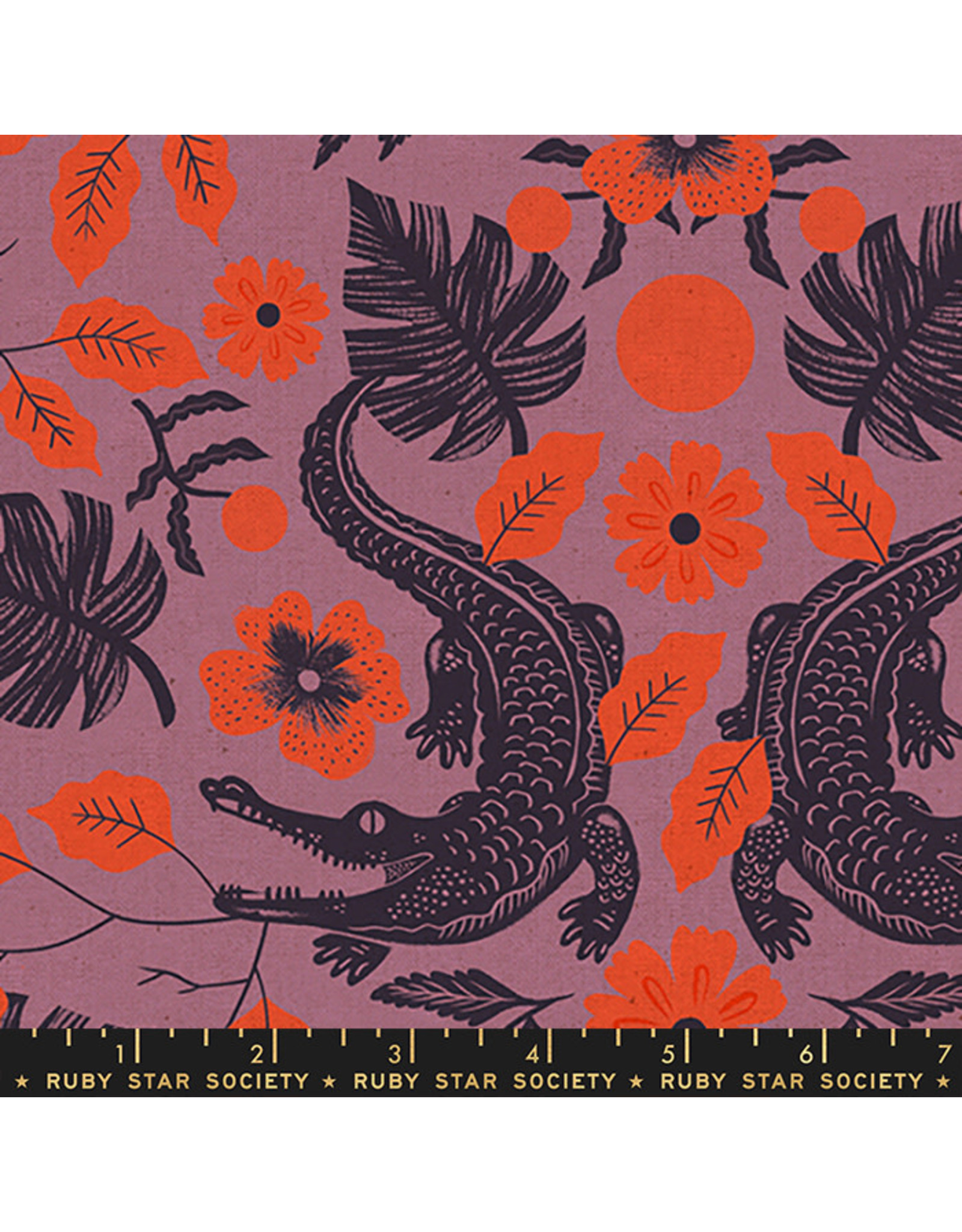 Sarah Watts Cotton Linen Canvas, Florida Volume 2, Gator in Lupine, Fabric Half-Yards