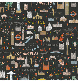 Rifle Paper Co. Bon Voyage, World Traveler in Black, Fabric Half-Yards