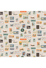 Rifle Paper Co. Bon Voyage, Postage Stamps in Flax with Metallic, Fabric Half-Yards