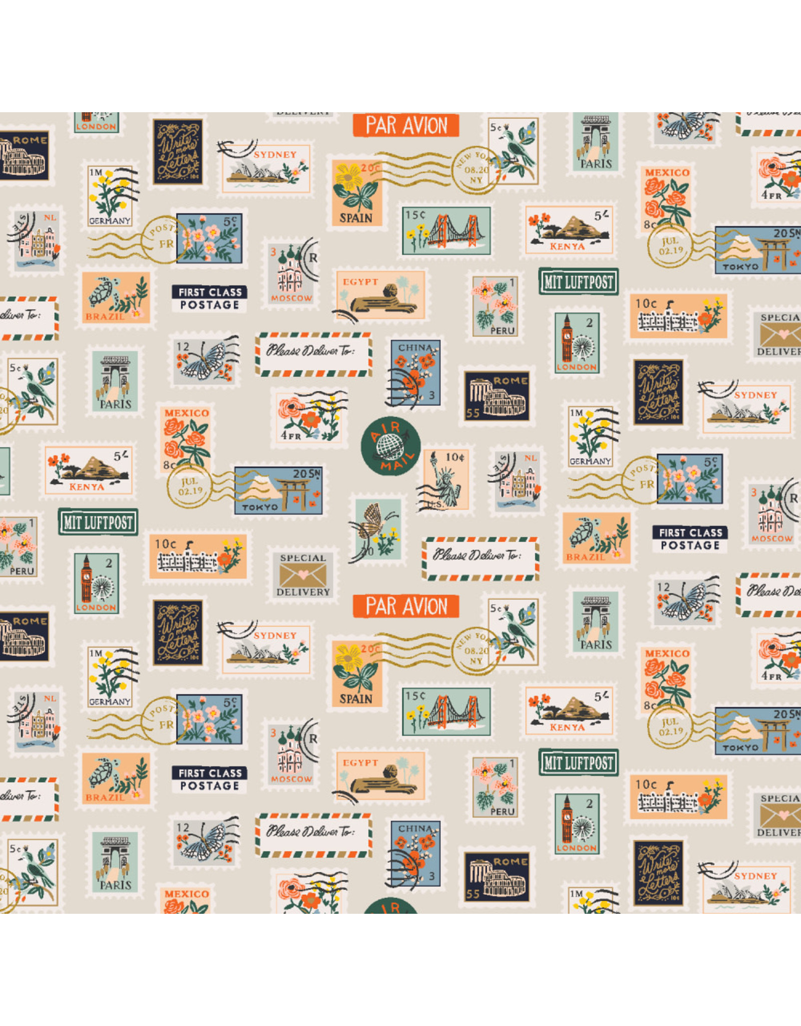 Rifle Paper Co. Bon Voyage, Postage Stamps in Flax with Metallic, Fabric Half-Yards