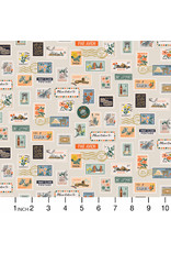 Rifle Paper Co. Bon Voyage, Postage Stamps in Flax with Metallic, Fabric Half-Yards