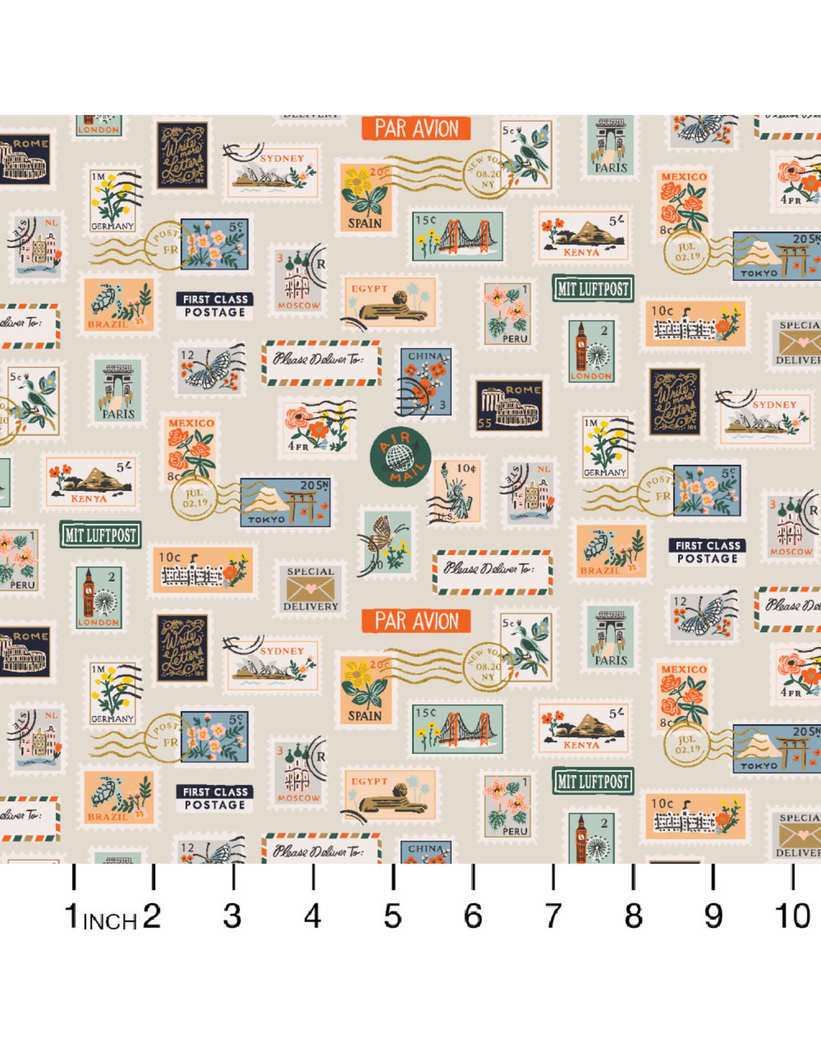 Rifle Paper Co. Bon Voyage, Postage Stamps in Flax with Metallic, Fabric Half-Yards