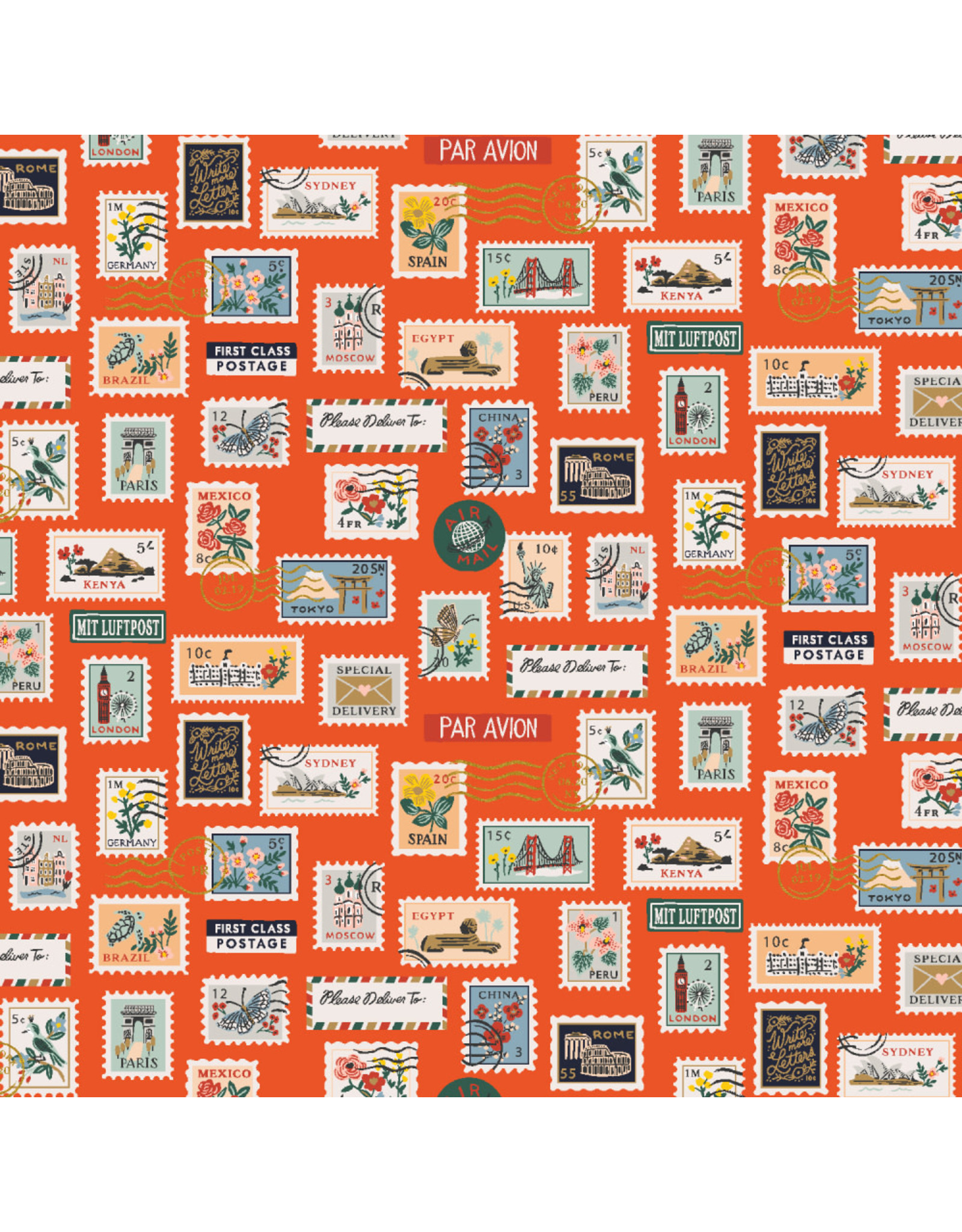 Rifle Paper Co. Bon Voyage, Postage Stamps in Red with Metallic, Fabric Half-Yards