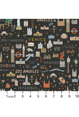 PD's Rifle Paper Co Collection Bon Voyage, World Traveler in Black, Dinner Napkin