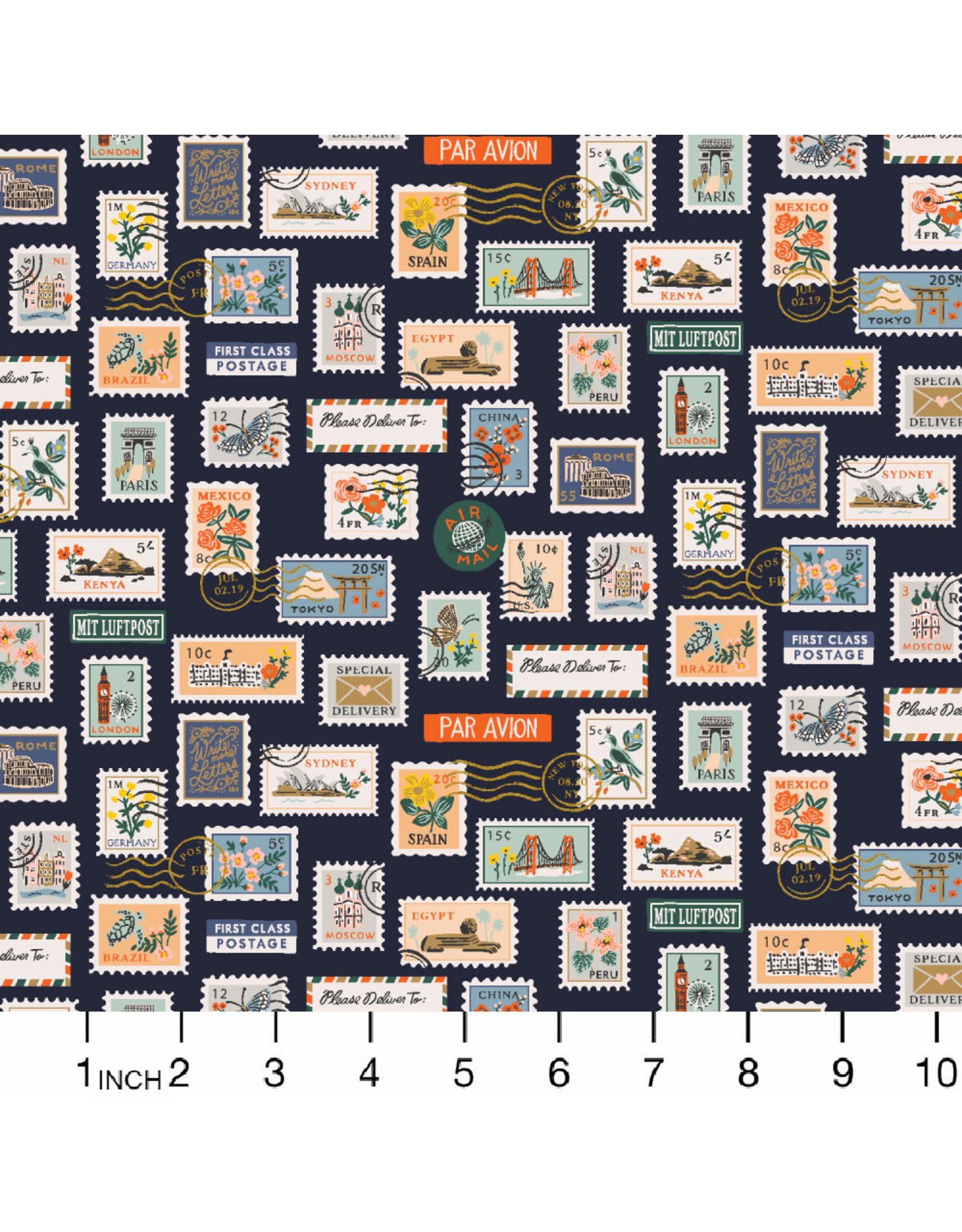 PD's Rifle Paper Co Collection Bon Voyage, Postage Stamps in Navy, Dinner Napkin