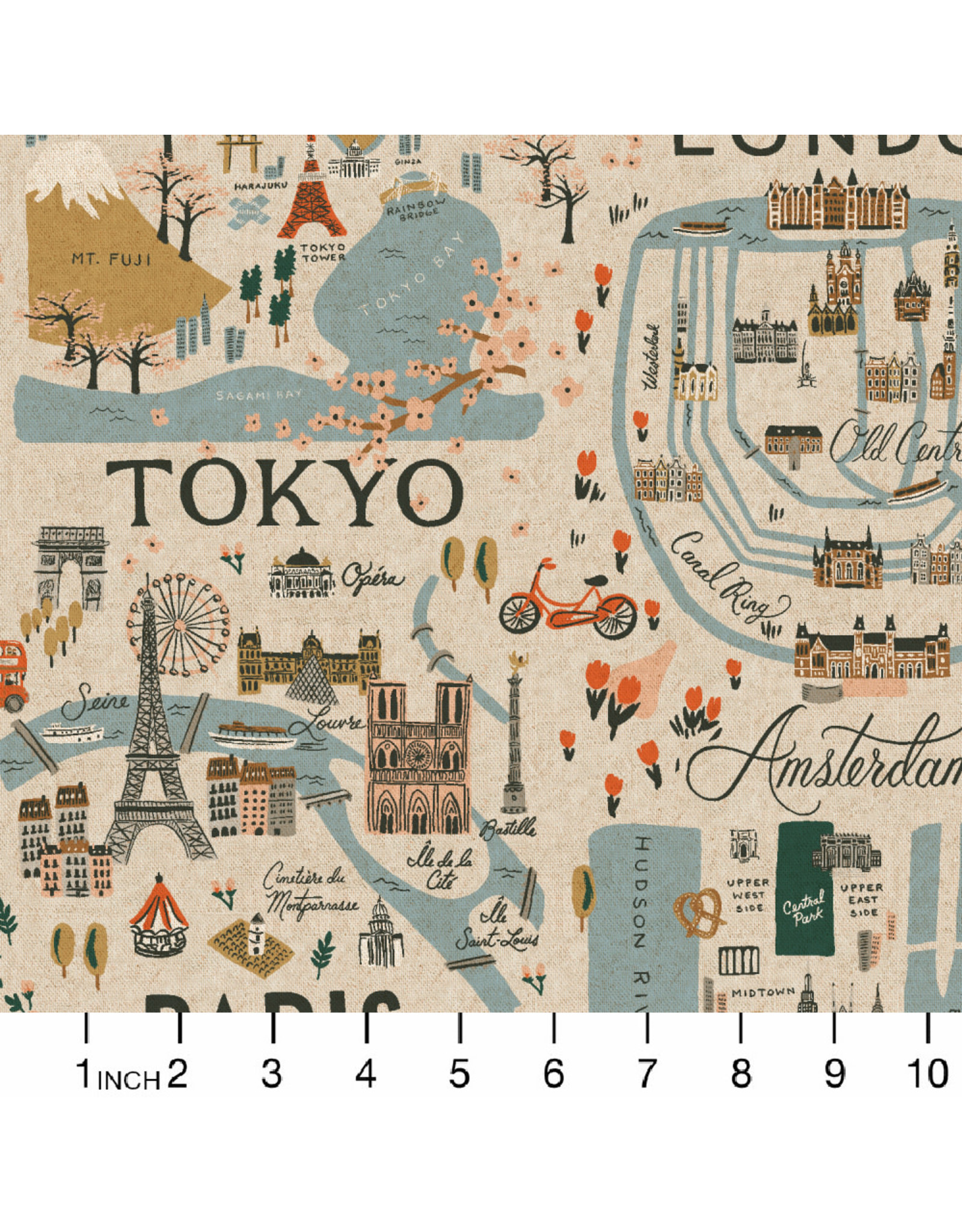 Rifle Paper Co. Linen/Cotton Canvas, Bon Voyage, City Guide in Unbleached Natural, Fabric Half-Yards