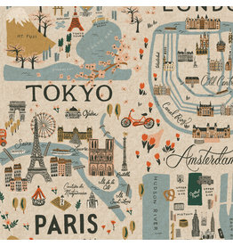 Rifle Paper Co. Linen/Cotton Canvas, Bon Voyage, City Guide in Unbleached Natural, Fabric Half-Yards