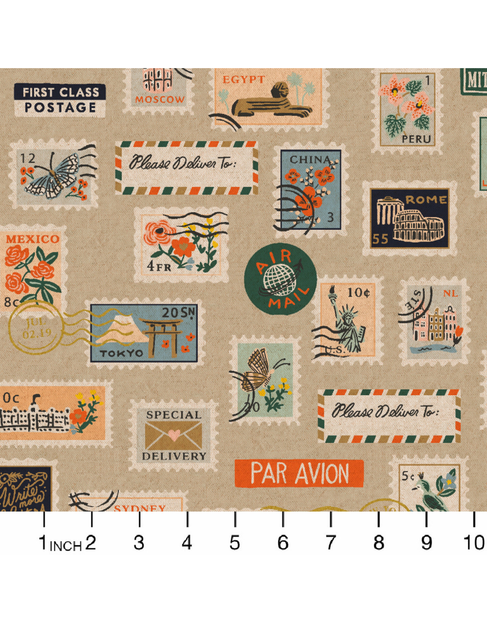 Rifle Paper Co. Linen/Cotton Canvas, Bon Voyage, Postage Stamps in Unbleached Natural with Metallic, Fabric Half-Yards