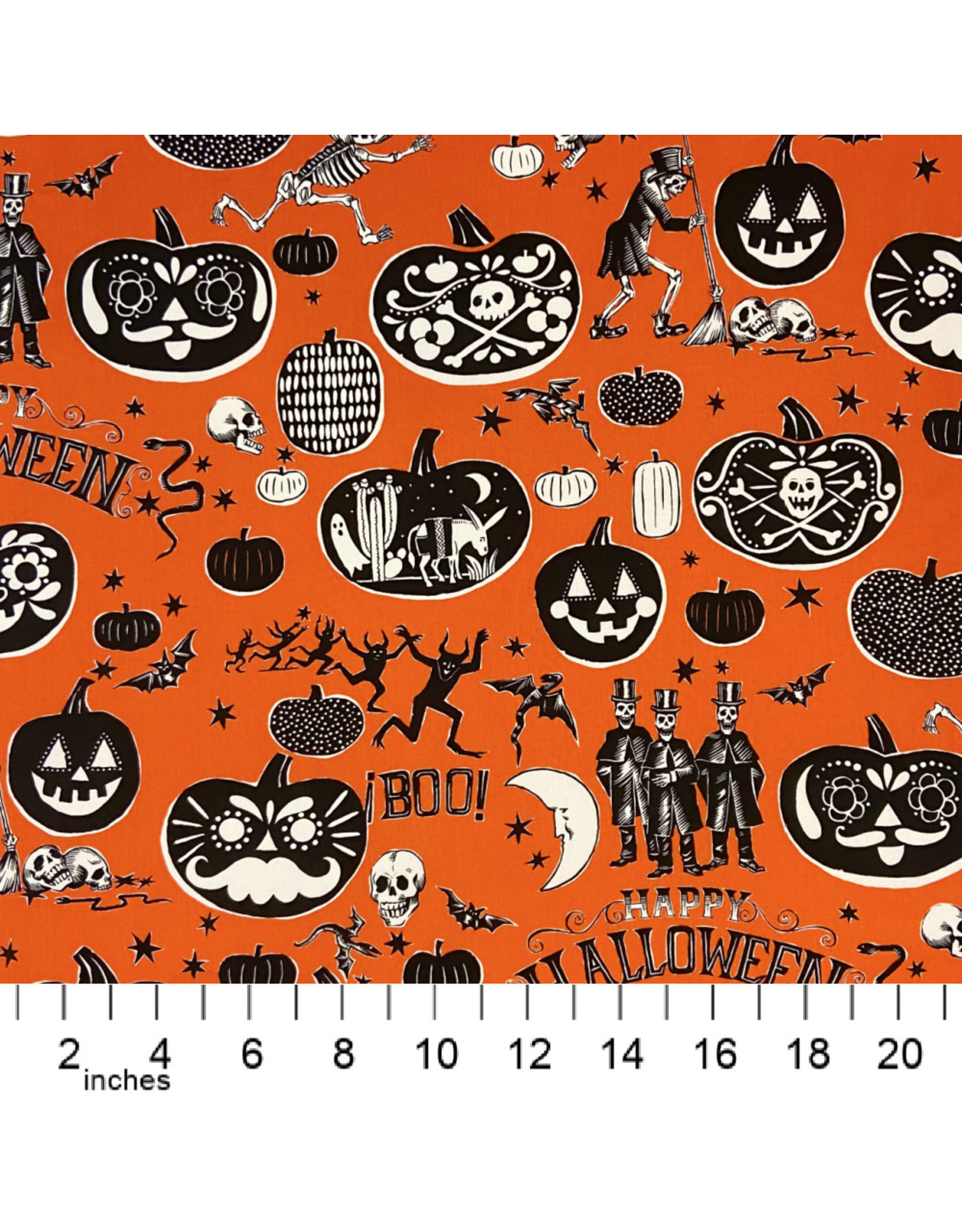 Alexander Henry Fabrics Haunted House, Crafty Calaveras in Orange, Fabric Half-Yards