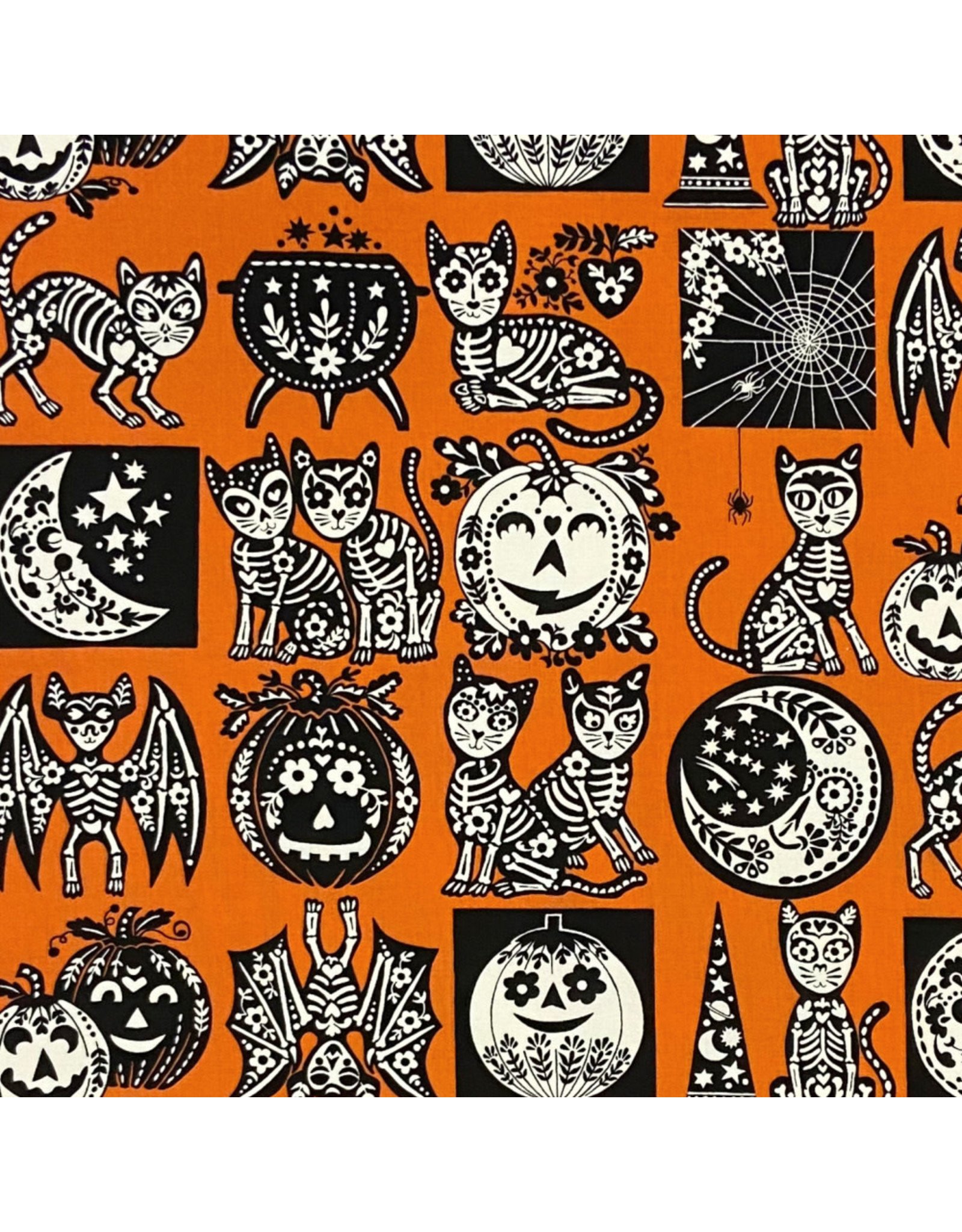 Alexander Henry Fabrics Haunted House, Calavera Cat in Pumpkin, Fabric Half-Yards