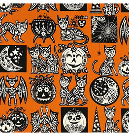 Alexander Henry Fabrics Haunted House, Calavera Cat in Pumpkin, Fabric Half-Yards