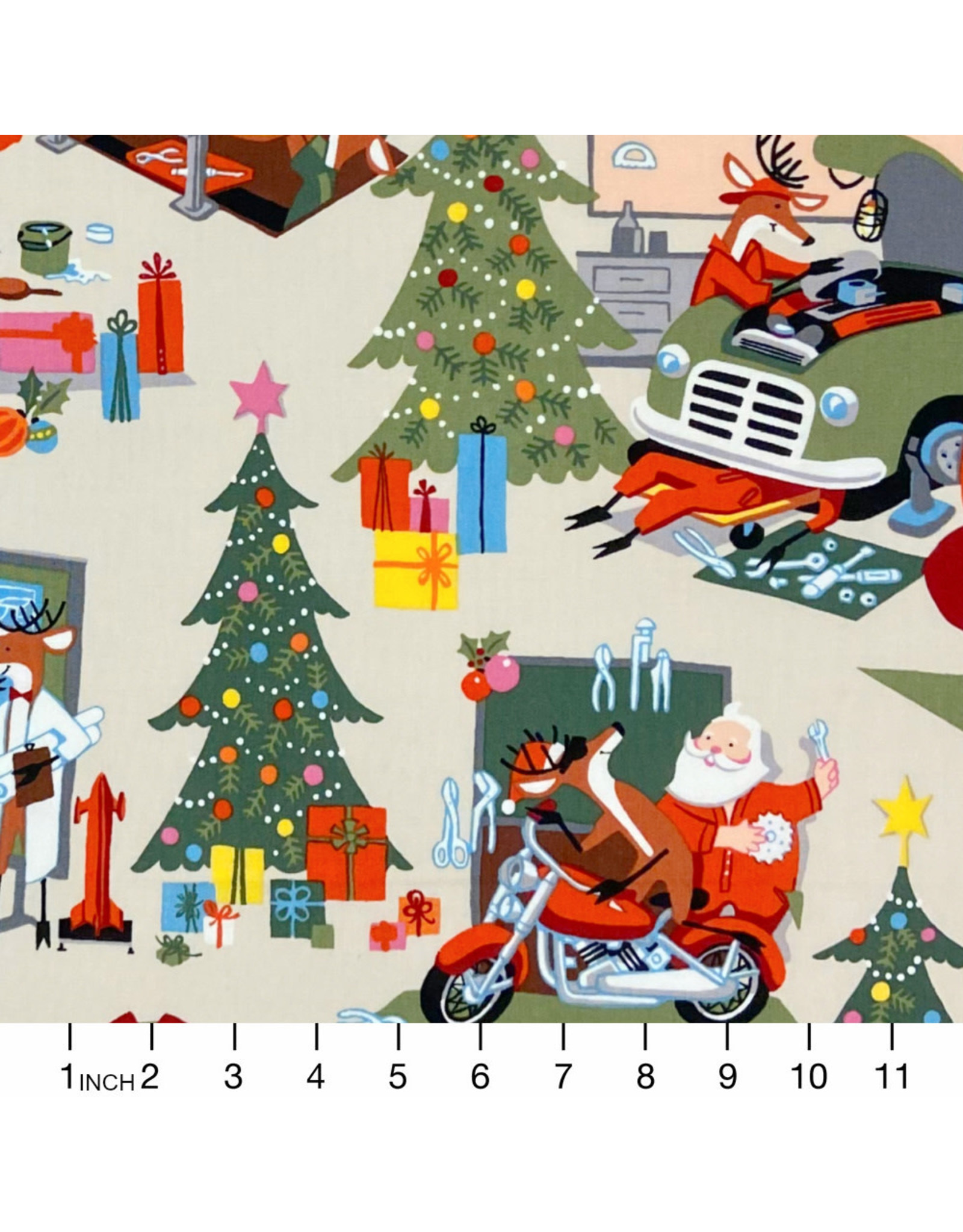 Alexander Henry Fabrics Christmas Time, Santa's Garage in Stone, Fabric Half-Yards