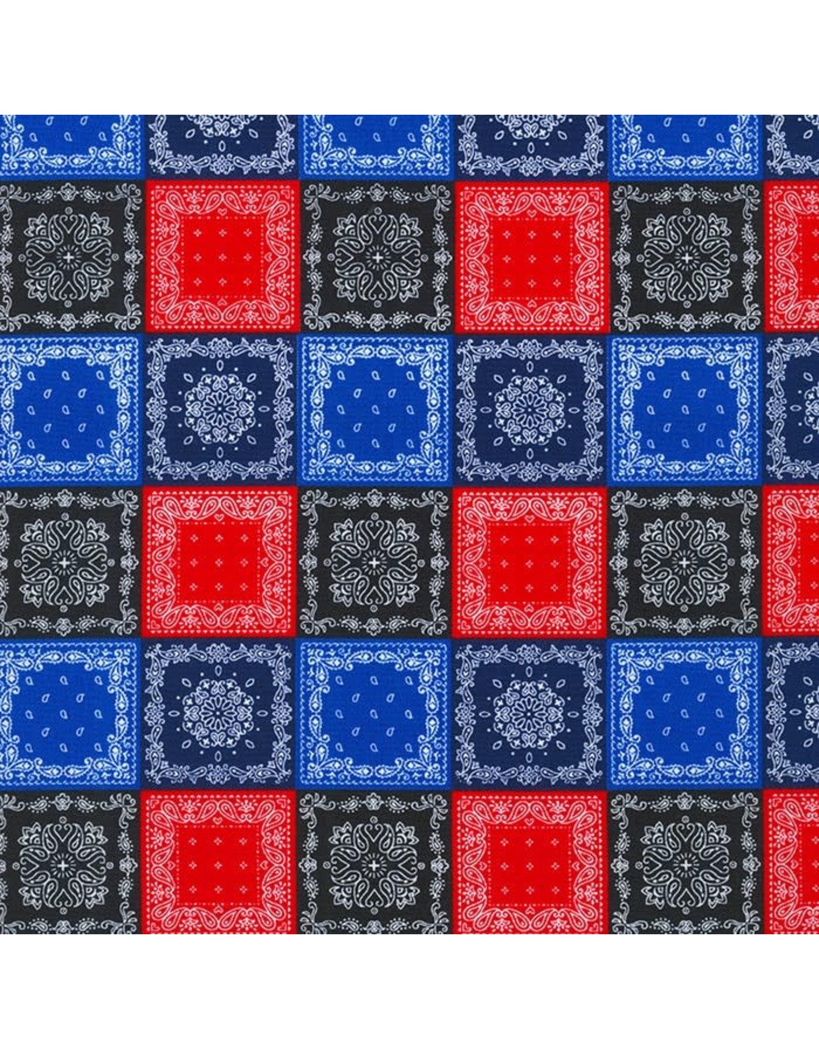 Denim Blue and Red Patchwork Print, Quilting Fabric, 100% Cotton, 44  wide