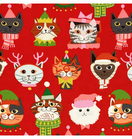 Alexander Henry Fabrics Christmas Time, Kitty Christmas in Red, Fabric Half-Yards