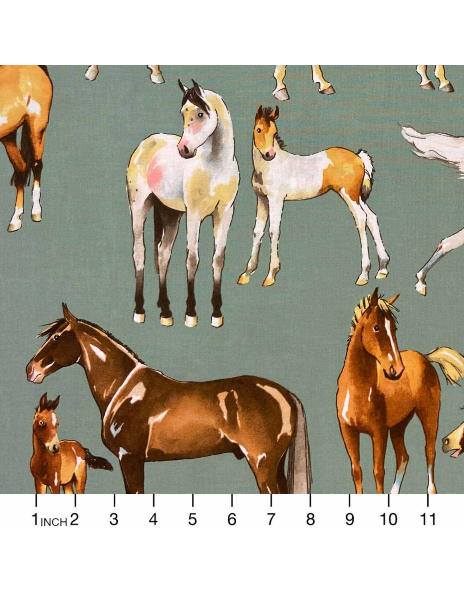 Alexander Henry Fabrics Santa Fe, Love of Horses in Sage, Fabric Half-Yards