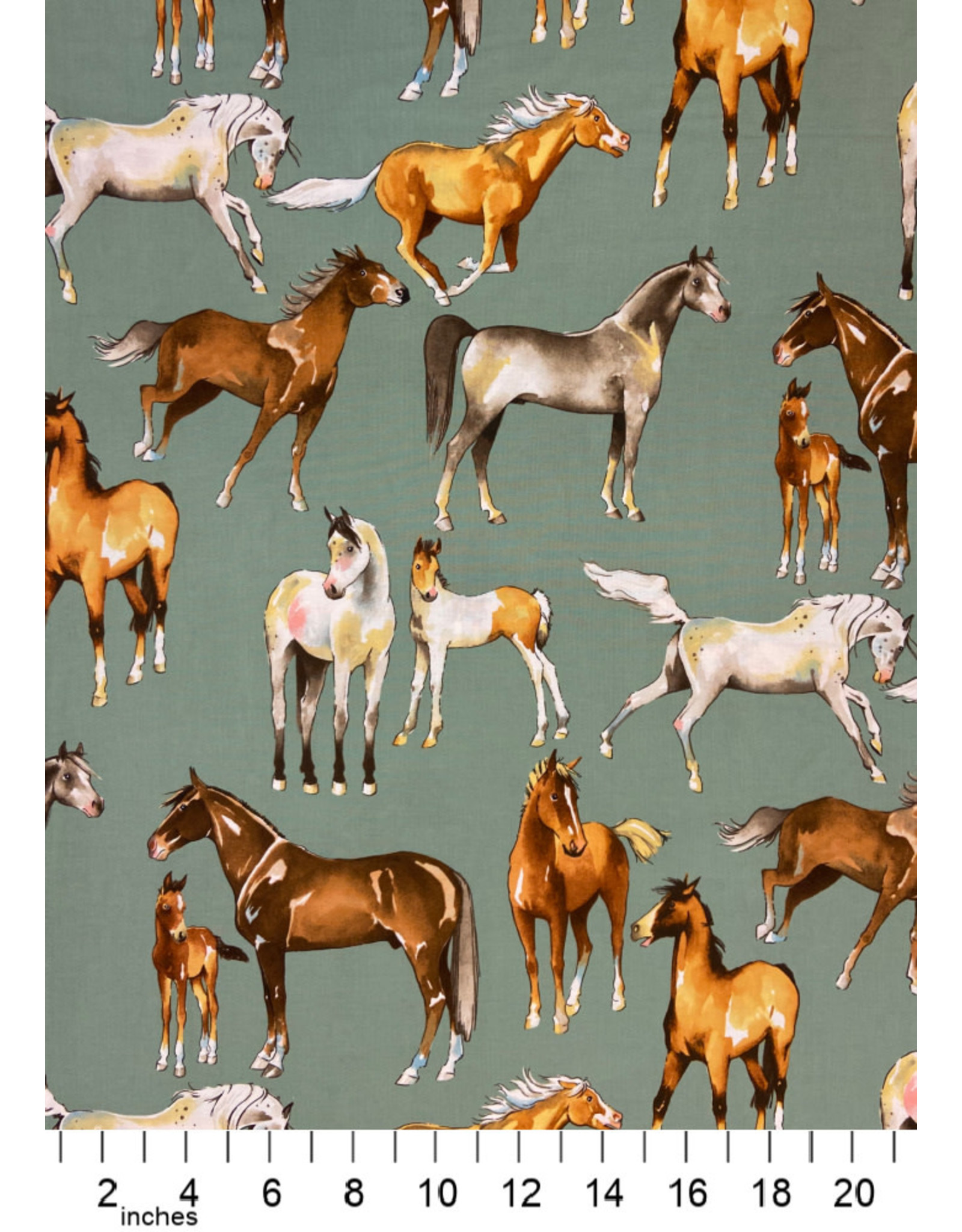 Alexander Henry Fabrics Santa Fe, Love of Horses in Sage, Fabric Half-Yards
