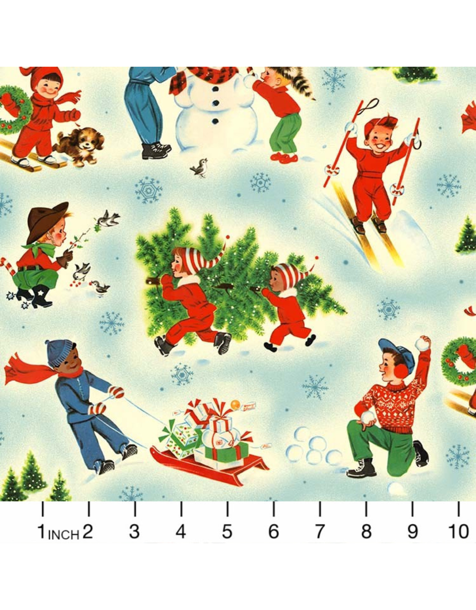 Michael Miller Vintage Christmas, Snowy Playground in Blue, Fabric Half-Yards