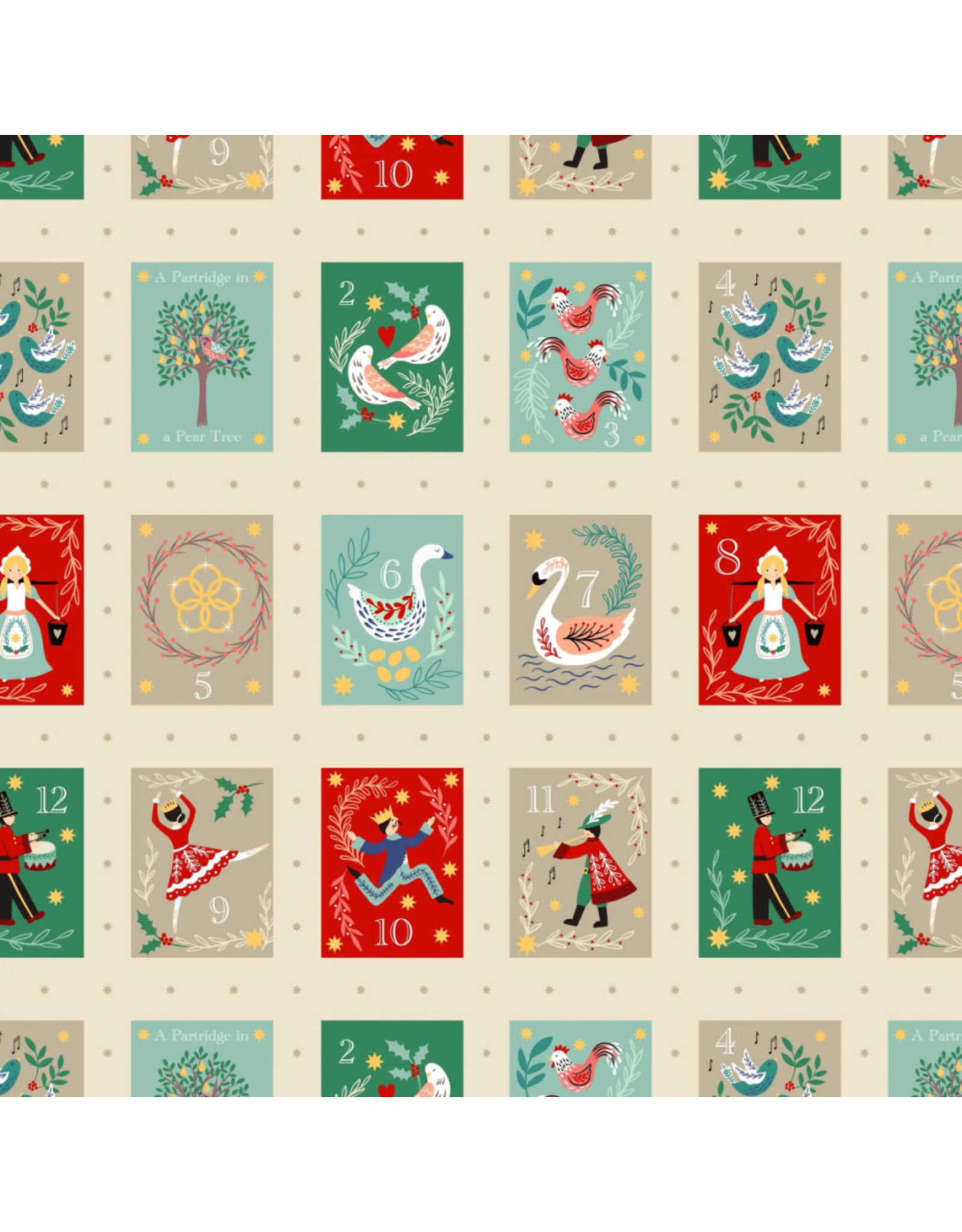 Lewis & Irene The 12 Days of Christmas, Squares on Cream with Gold Metallic, Fabric Half-Yards