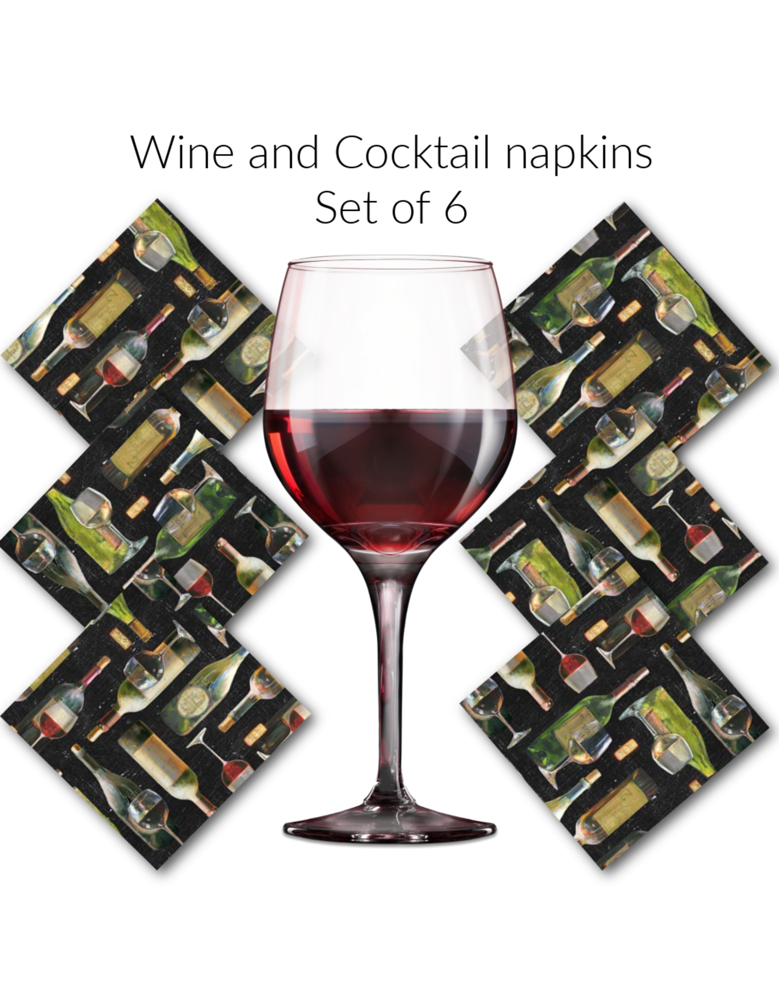 PD's Northcott Collection Life Happens, Wine Bottles in Black, Set of 6 Cocktail Napkins
