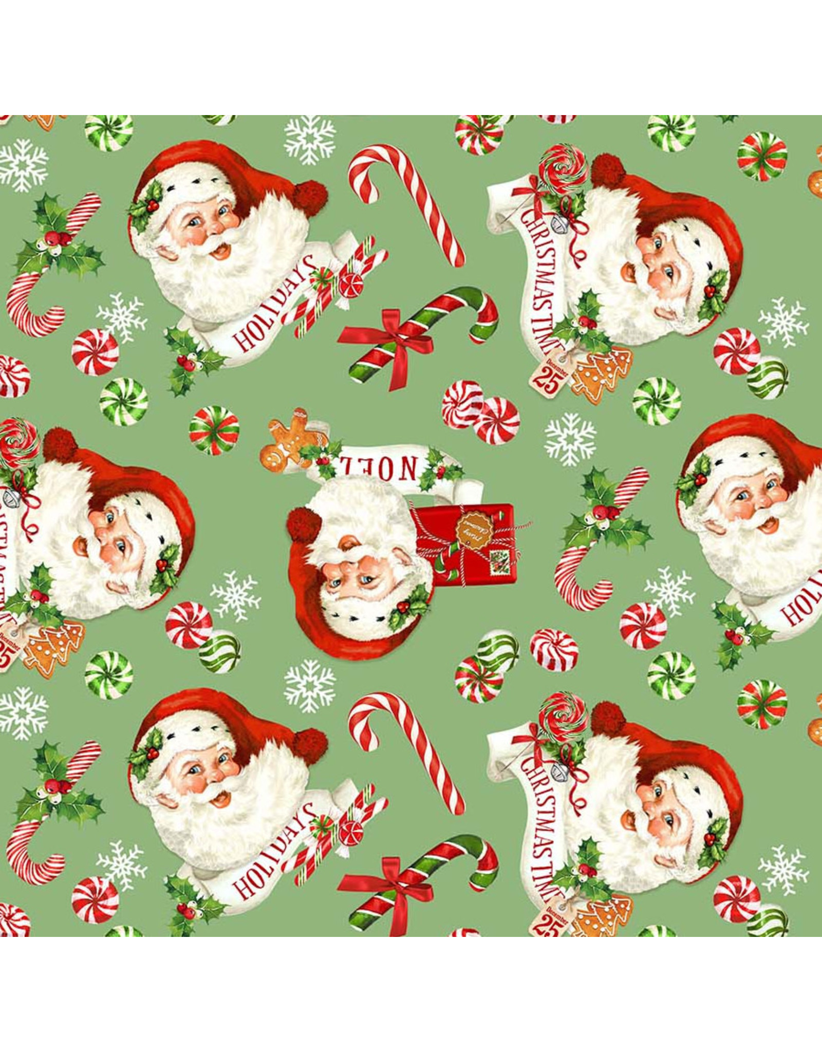 Northcott Peppermint Candy, Santa in Green, Fabric Half-Yards