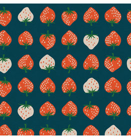 Kim Kight Cotton Linen Canvas, Strawberry and Friends in Blue, Fabric Half-Yards