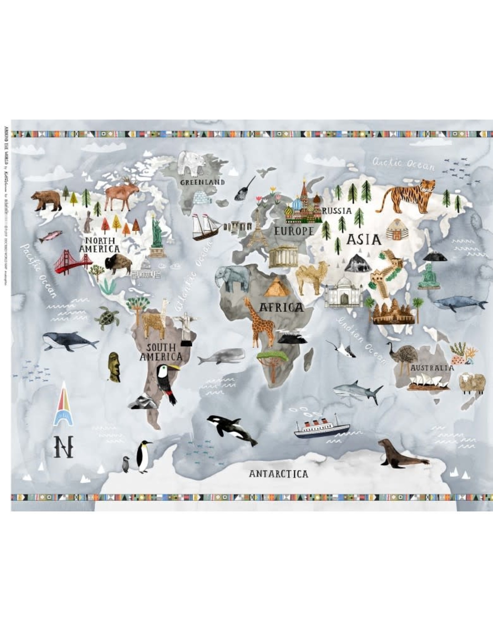 Michael Miller Around the World, World Map in Multi, Fabric Panel