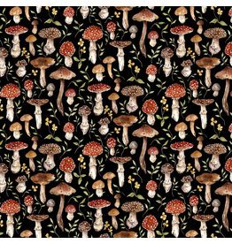 Figo Heavenly Hedgerow, Mushrooms in Black Multi, Fabric Half-Yards