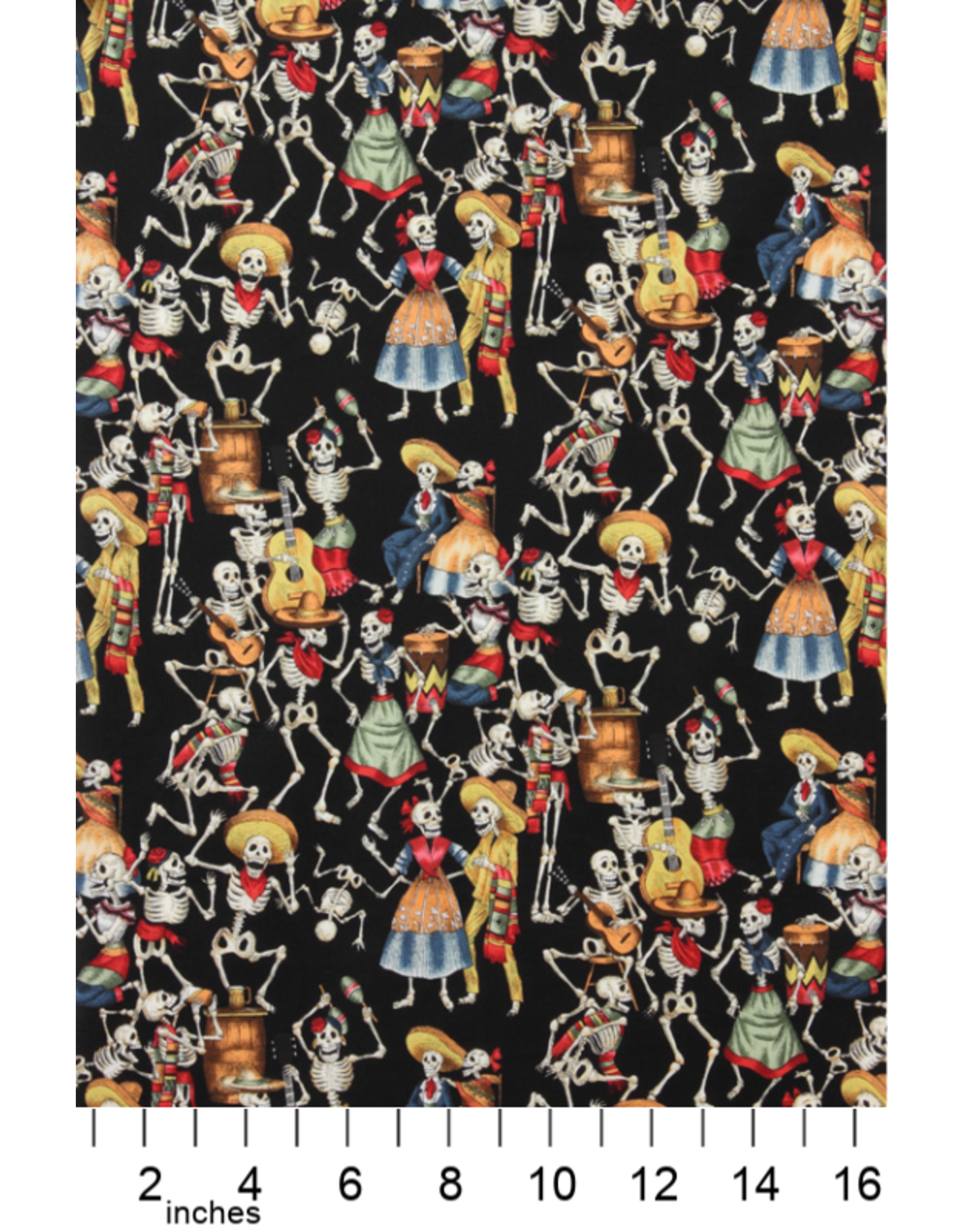 Alexander Henry Fabrics Folklorico, Fiesta de los Muertos in Black, Fabric Half-Yards