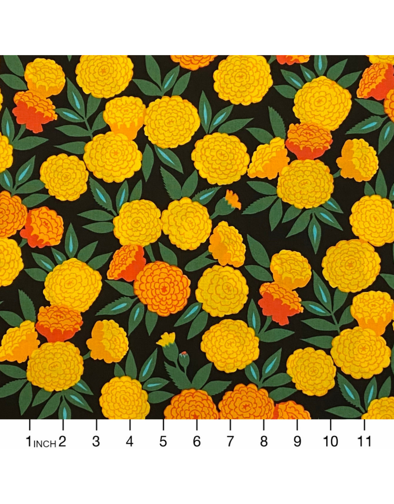 Alexander Henry Fabrics Folklorico, Maravilla (Marigold) in Black, Fabric Half-Yards