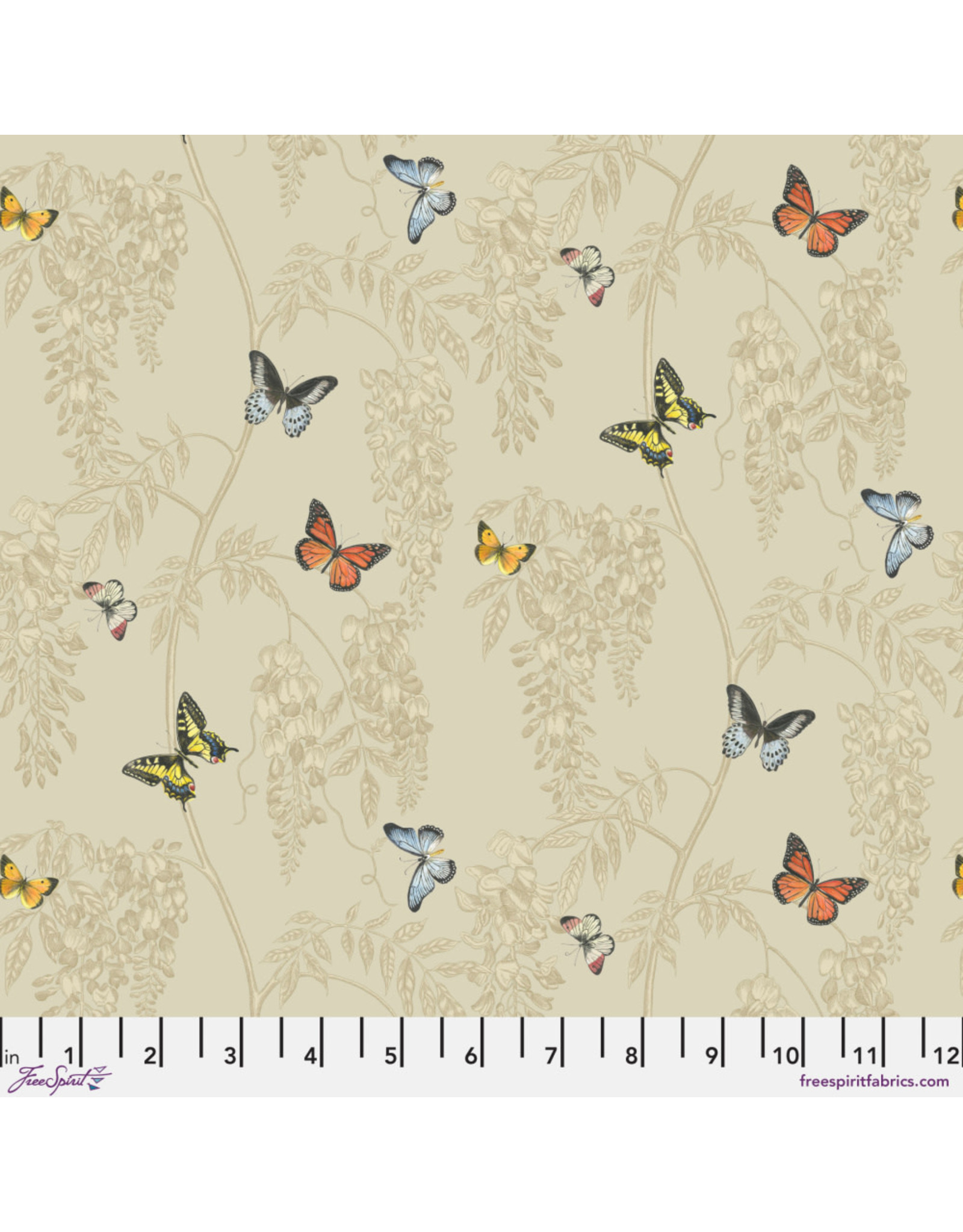 Free Spirit Woodland Blooms, Wisteria & Butterfly in Linen, Fabric Half-Yards
