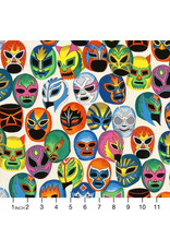 Alexander Henry Fabrics Folklorico, Mascaras de Pelea por Super Lucha Libre in Natural, Fabric Half-Yards