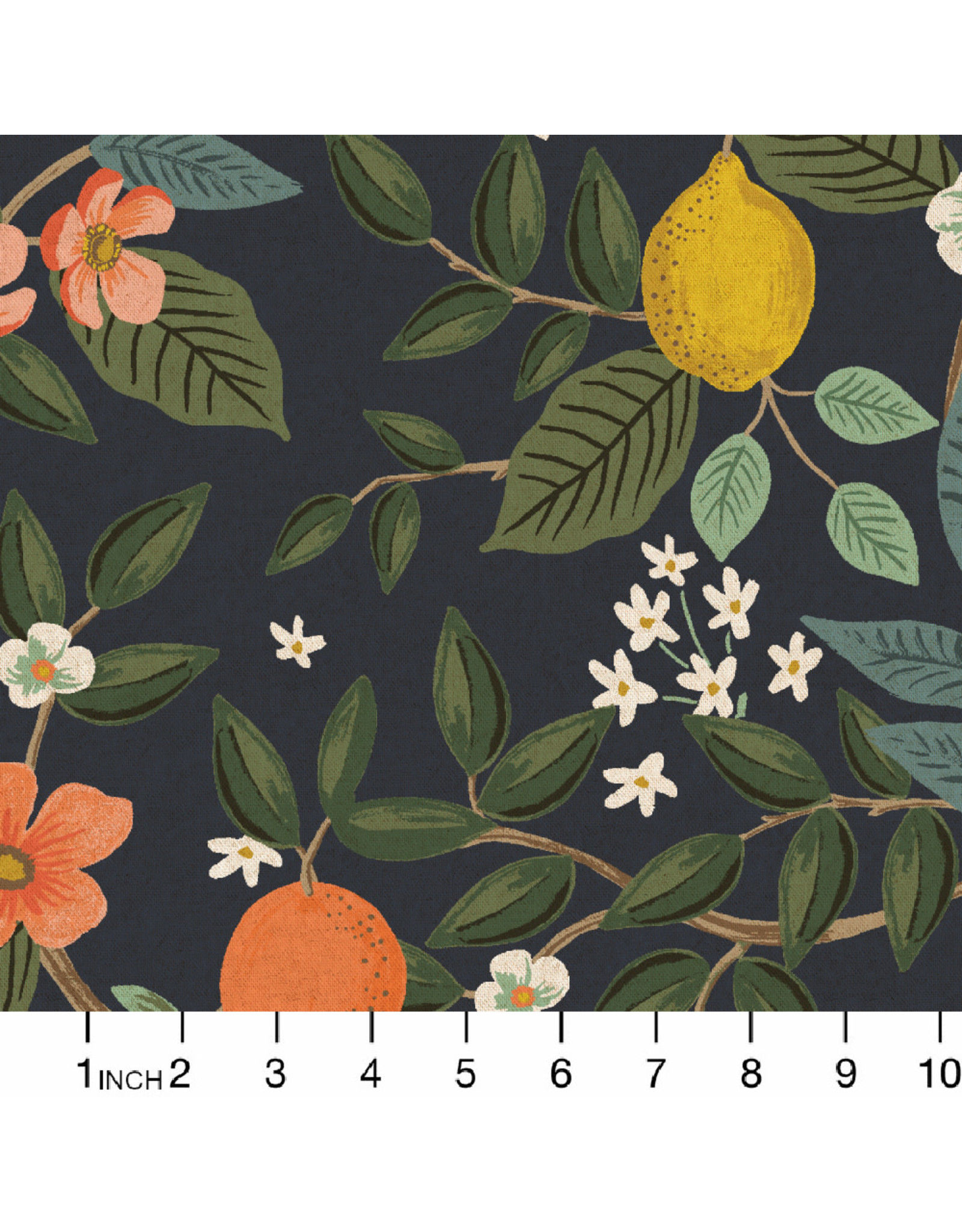 Rifle Paper Co. Linen/Cotton Canvas, Bramble, Citrus Grove in Unbleached Navy, Fabric Half-Yards