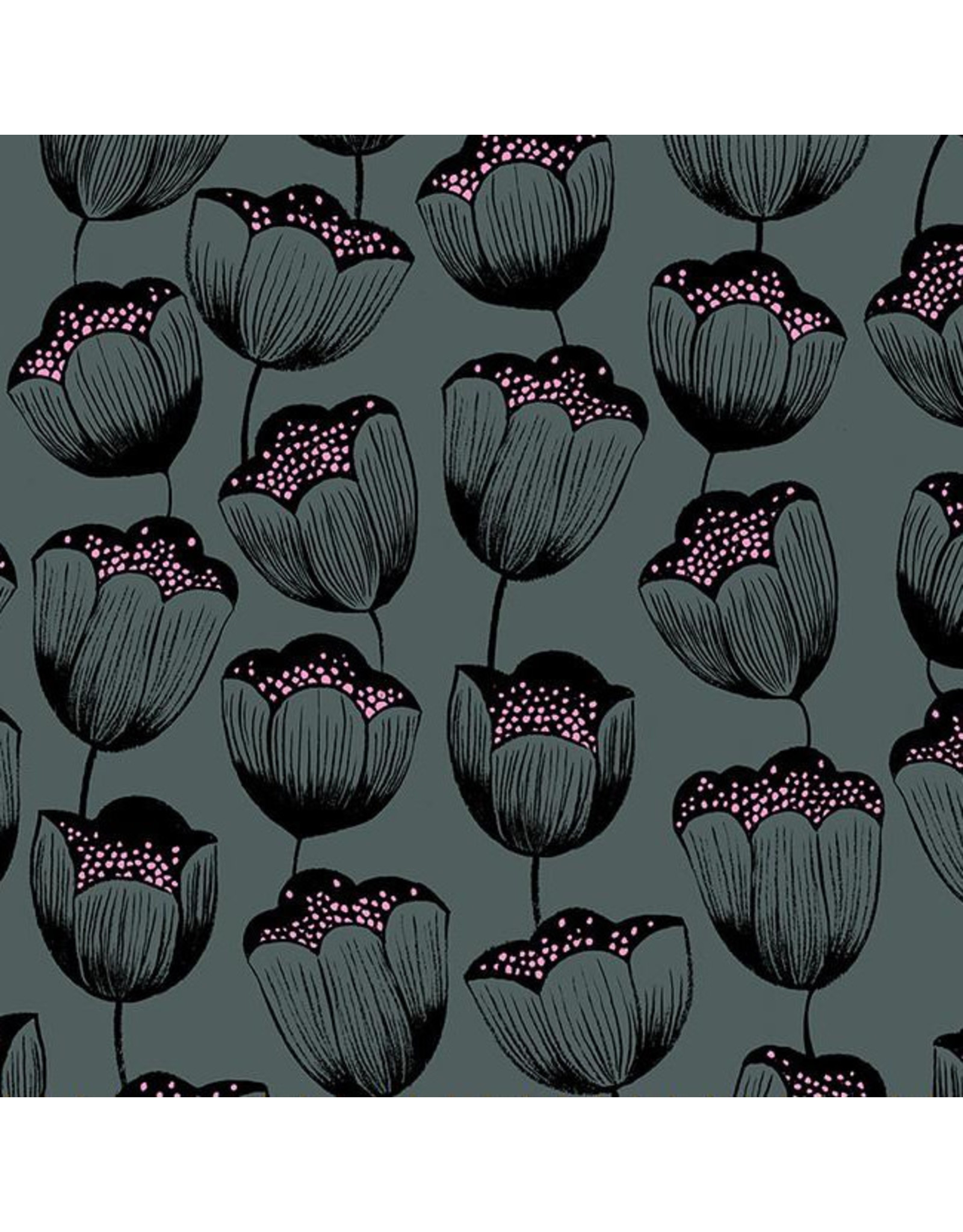 Sarah Watts Firefly, Magic Tulips in Dark Gray, Fabric Half-Yards