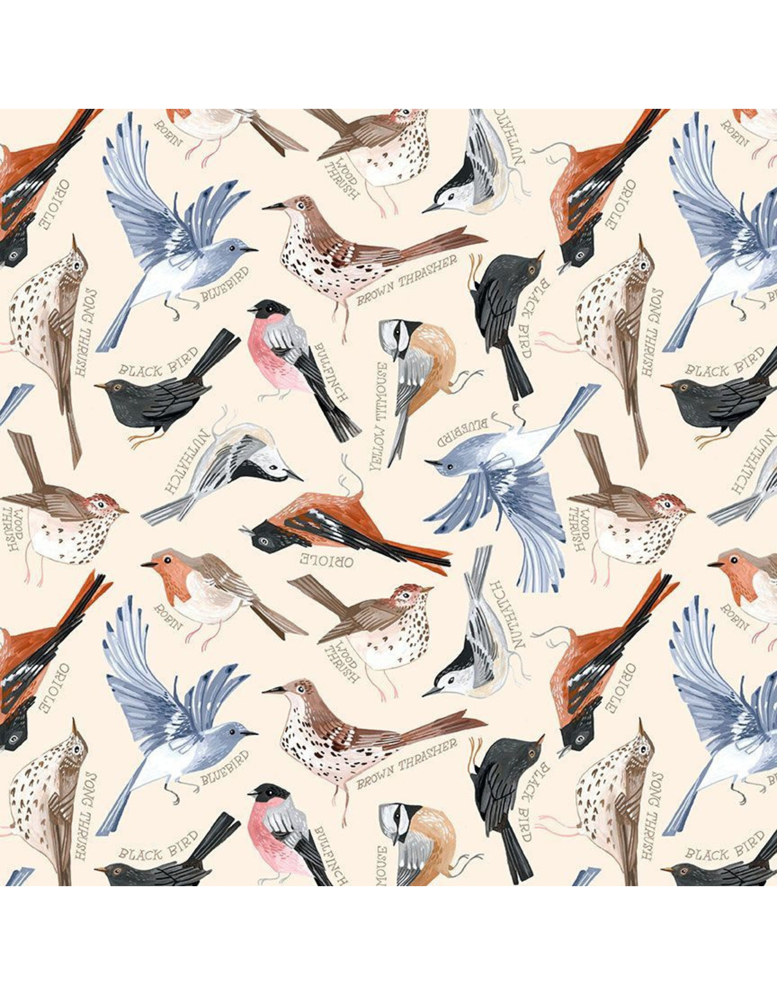 Rae Ritchie Bird Song, Birds in Cream, Fabric Half-Yards