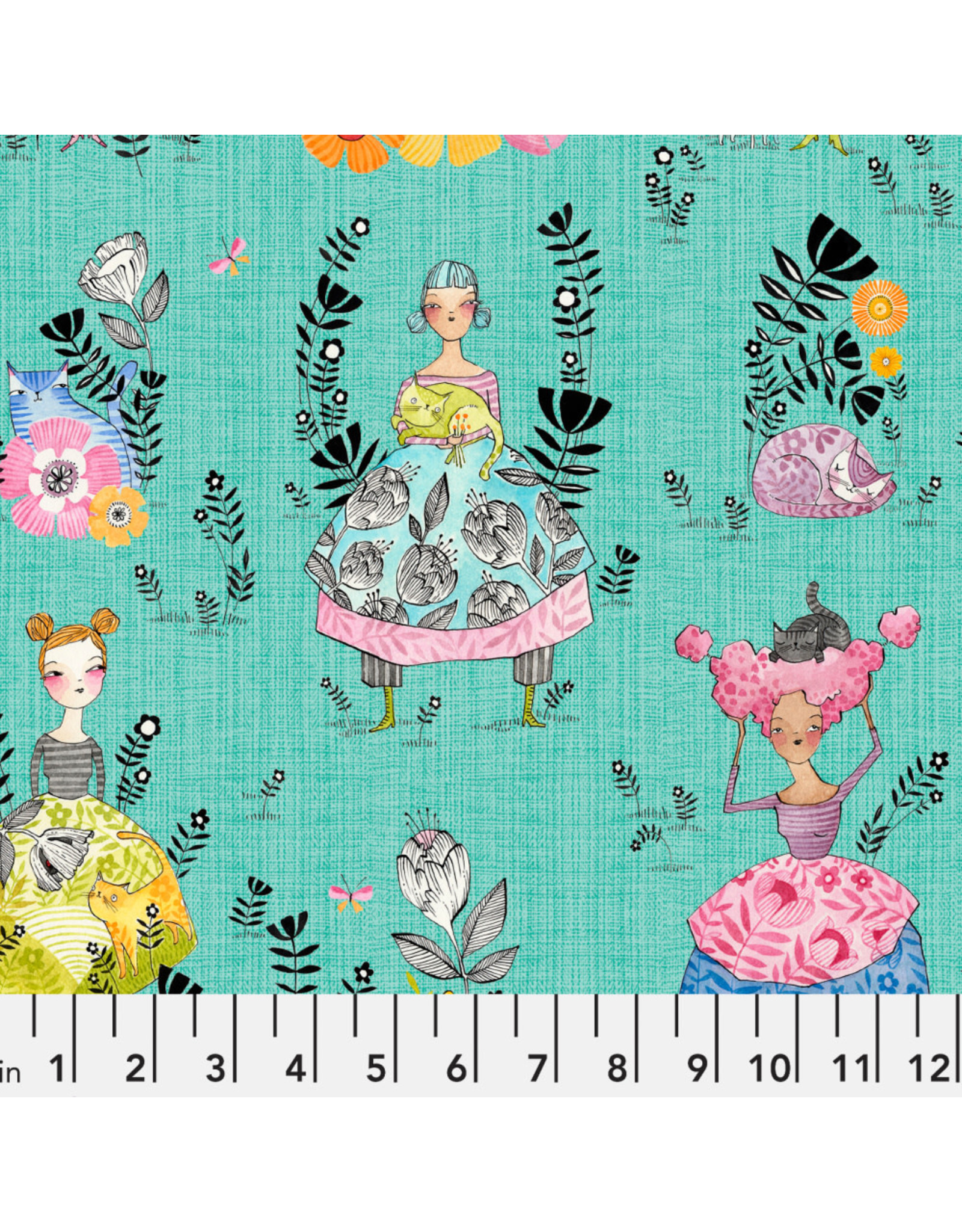 Cori Dantini Here Kitty Kitty, Large Cat Mom in Aqua, Fabric Half-Yards