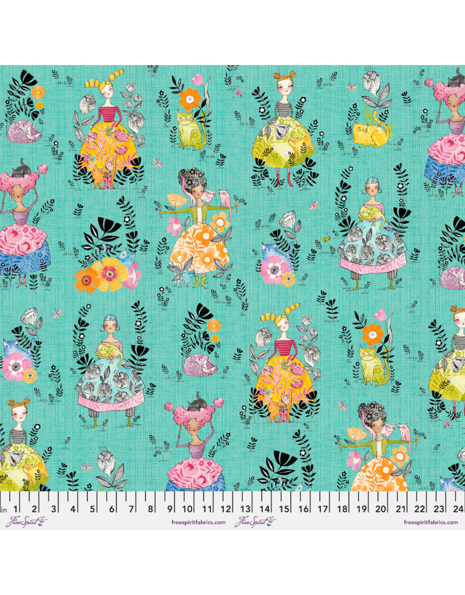 Cori Dantini Here Kitty Kitty, Large Cat Mom in Aqua, Fabric Half-Yards