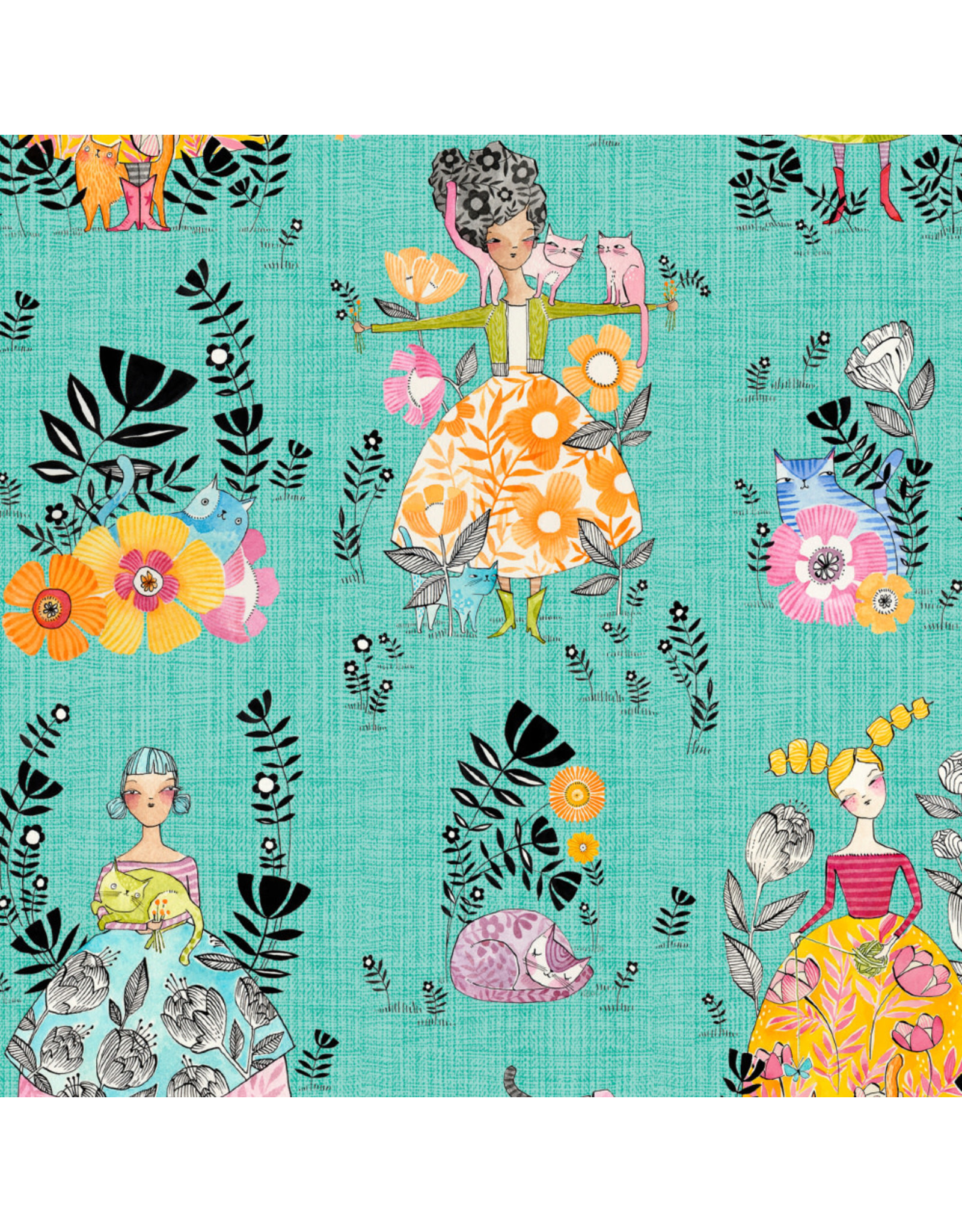 Cori Dantini Here Kitty Kitty, Large Cat Mom in Aqua, Fabric Half-Yards