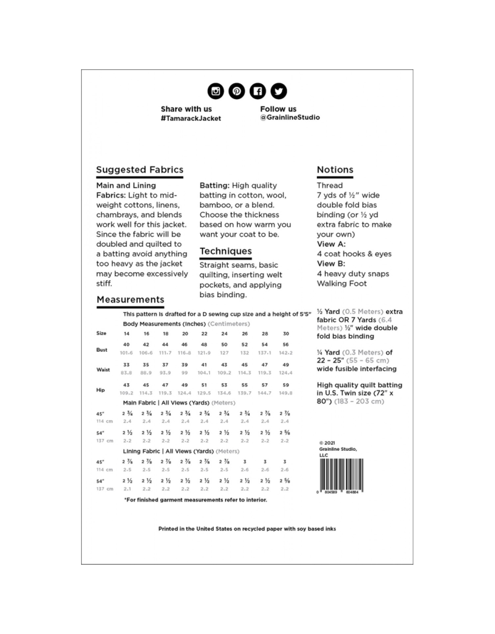 Grainline Studio ON ORDER-Tamarack Jacket, Sizes 14-30