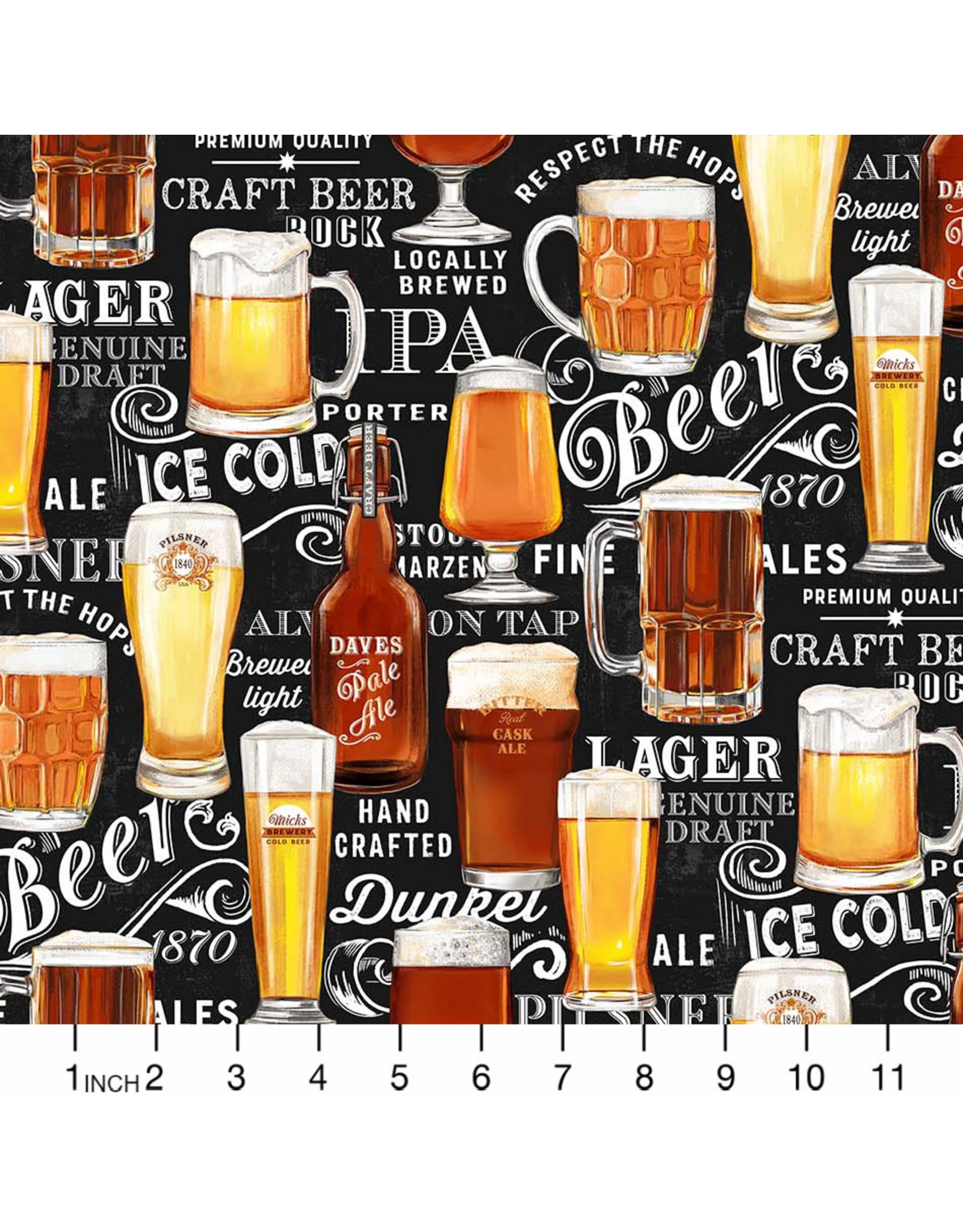 Northcott The Cave, Beers on Chalk Board in Black, Fabric Half-Yards