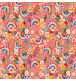 Mia Charro Magic Friends, Rainbows and Flowers in Coral, Fabric Half-Yards